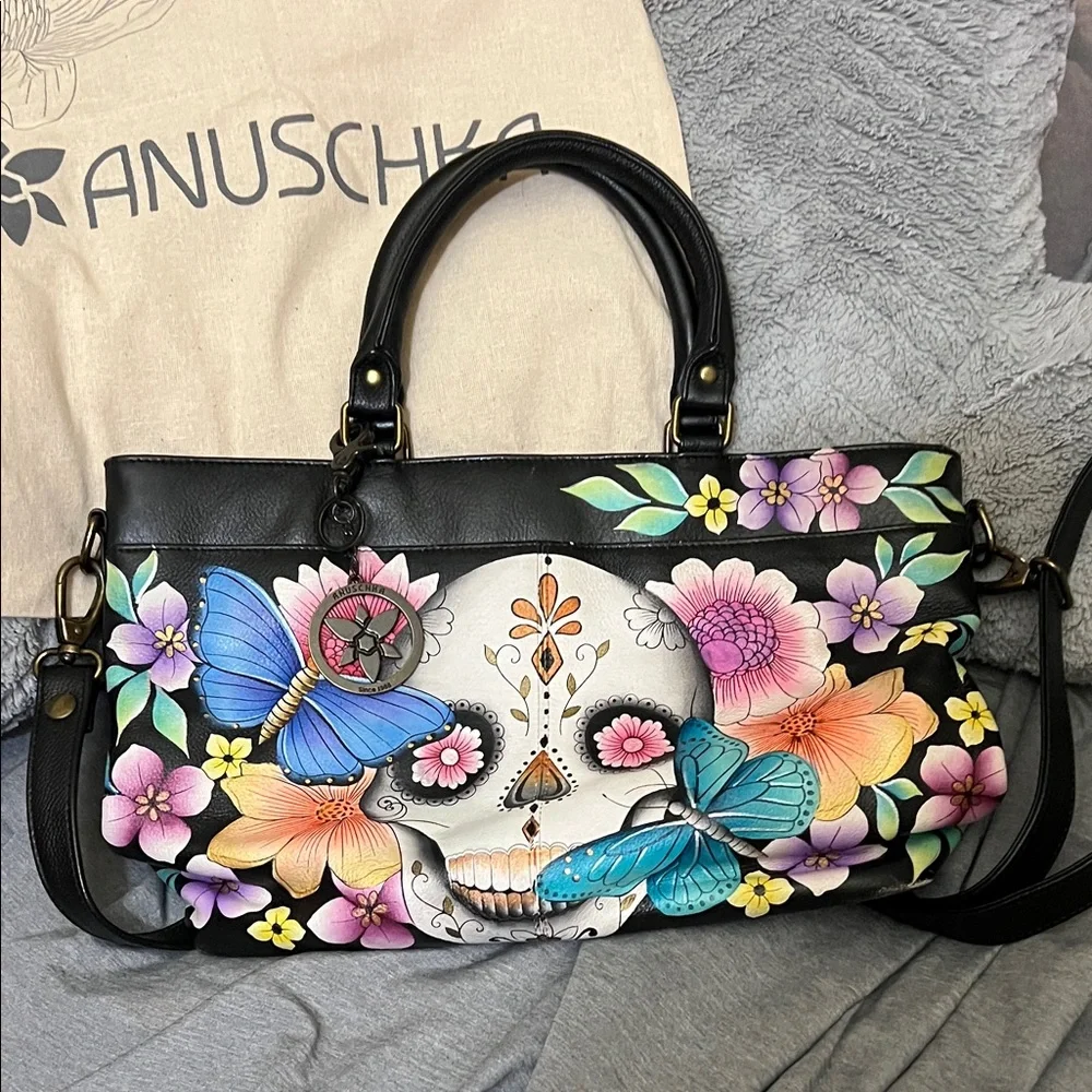 Anuschka Black Bag with Floral and Skull Art - Picture 1 of 4